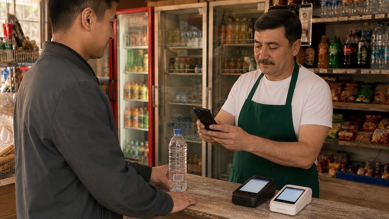 Покупатель у кассы, продавец сканирует бутылку телефоном