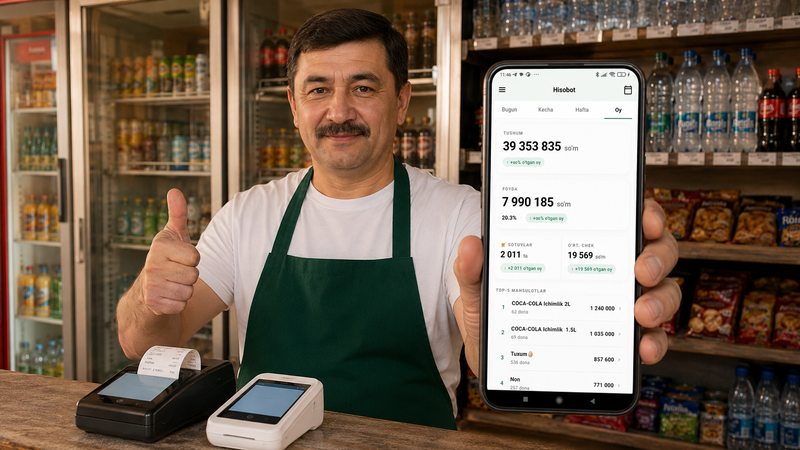 Продавец показывает класс, чек печатается, прибыль в Hisobot